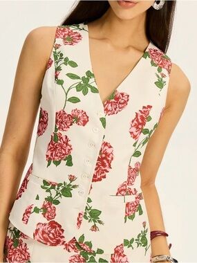 Commense Floral Printed Vest with Pink-Red Roses and Green Leaves